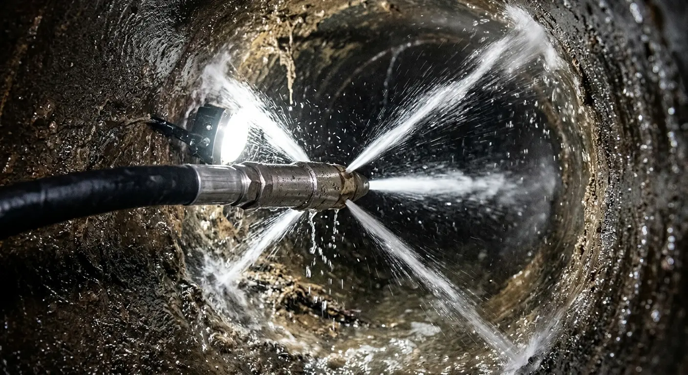 High-pressure hydro jetting nozzle cleaning sewer pipe for Trenchless Sewer Repair in Thomas