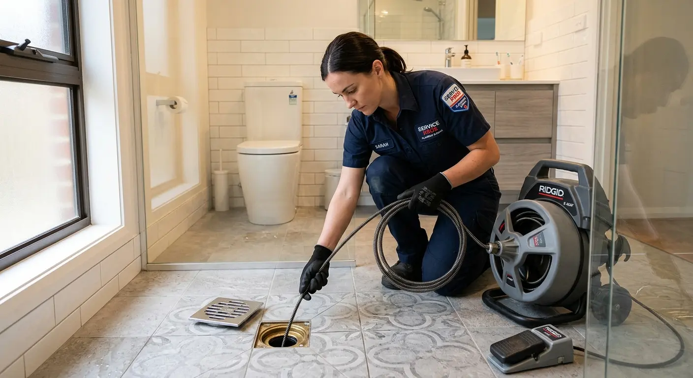 Technician clearing a bathroom floor drain for Sewer Line Installation in Thomas